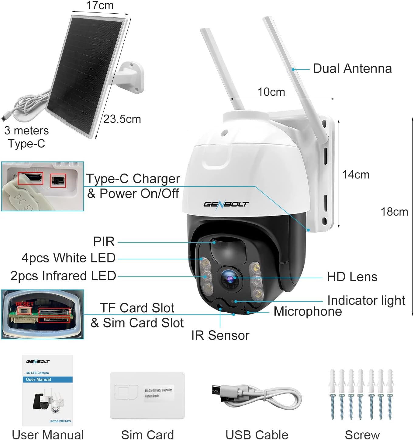 GENBOLT 4G LTE Solar Security Camera Outdoor Wireless, 2K 8W 15600mAh Battery Operated Surveillance Camera No WiFi, Floodlight PTZ IP Camera System with SIM Card, PIR Siren Alarm Humanoid Detection
