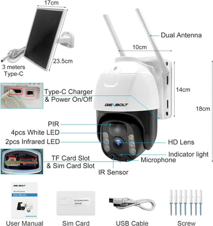 GENBOLT 4G LTE Solar Security Camera Outdoor Wireless, 2K 8W 15600mAh Battery Operated Surveillance Camera No WiFi, Floodlight PTZ IP Camera System with SIM Card, PIR Siren Alarm Humanoid Detection