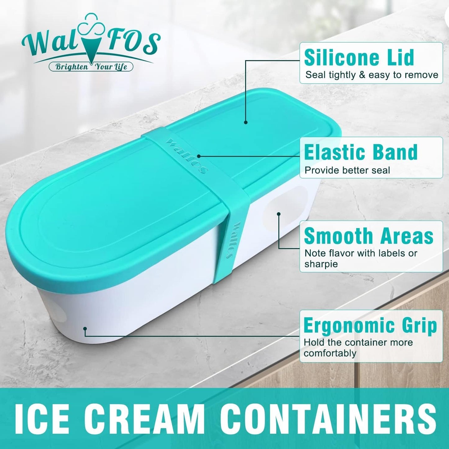 Walfos Ice Cream Containers - 1.6 Quart, Reusable Homemade Ice Cream Tubs with Lids, Stackable Freezer Storage Container for Yogurt, Sorbet, Gelato, Bonus 2 Bands, 12 Stickers, Teal