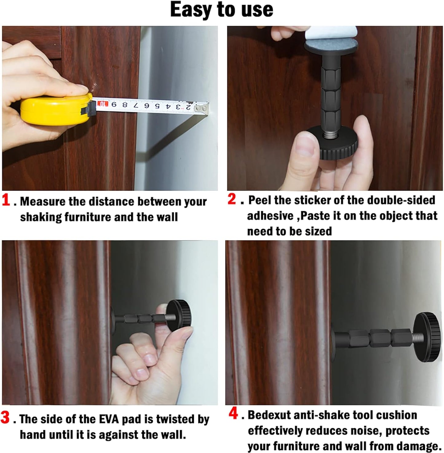 Adjustable Threaded Headboard Stoppers/Bumper Against Wall, 4 Pack Behind Bed Frame Protector Antishake Tool, Bed Shake Support Stabilizer Device for Anti-Knocking,Banging, Metal (Black 27-114mm)
