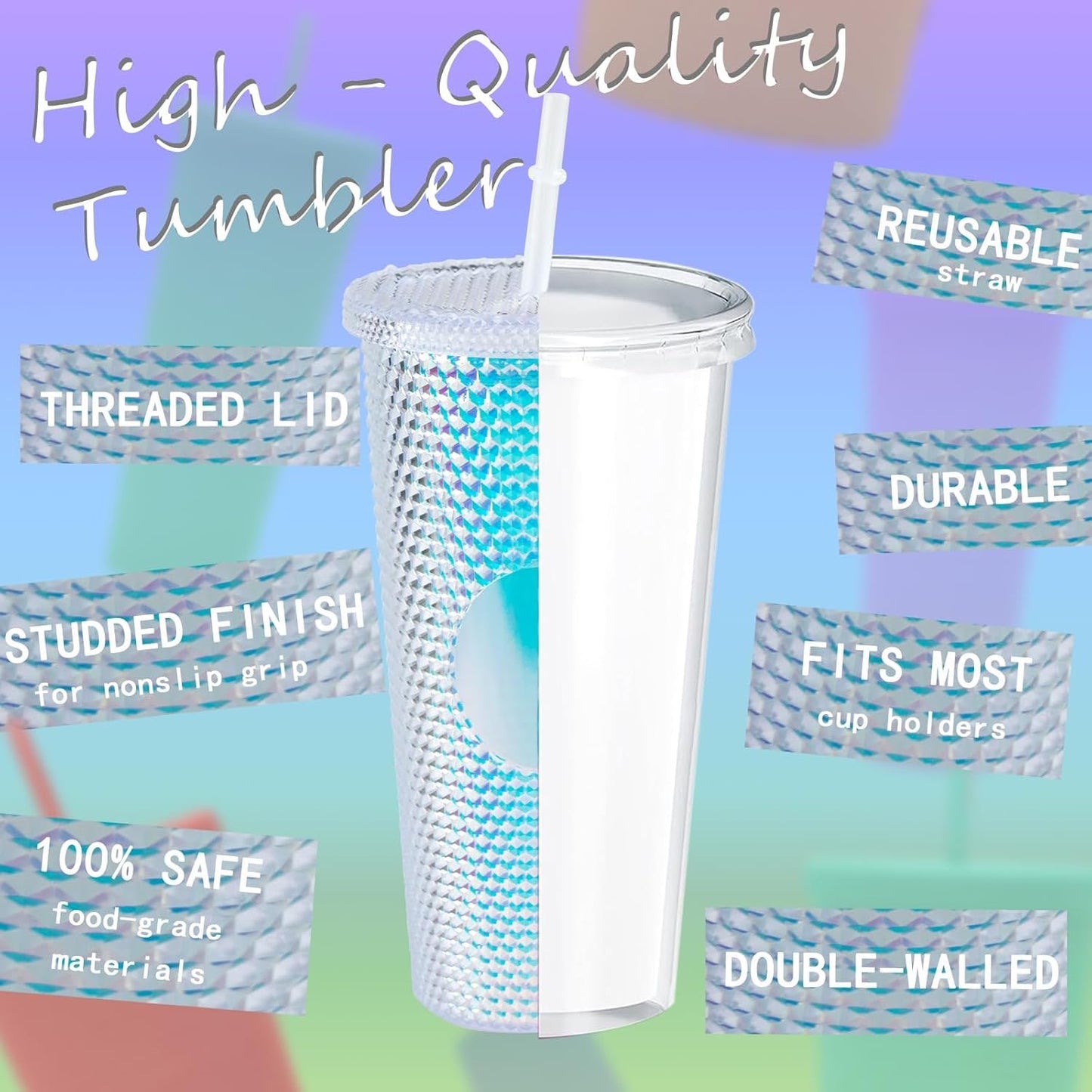 24oz Studded Tumbler with Lid & Straw,Glitter Reusable BPA Free Plastic Textured Water Bottle Drinking Cup,Double Wall Mug,Travel Friendly Water/Iced Coffee/Smoothie,Perfect for Home&Outdoor (White)