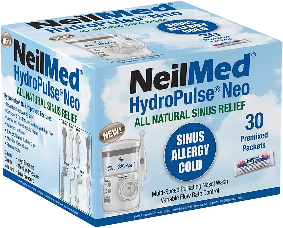 NeilMed HydroPulse Neo. Multi-Speed Electric Pulsating Nasal Sinus Irrigation System with 30 Sinus Rinse Premixed Packets.