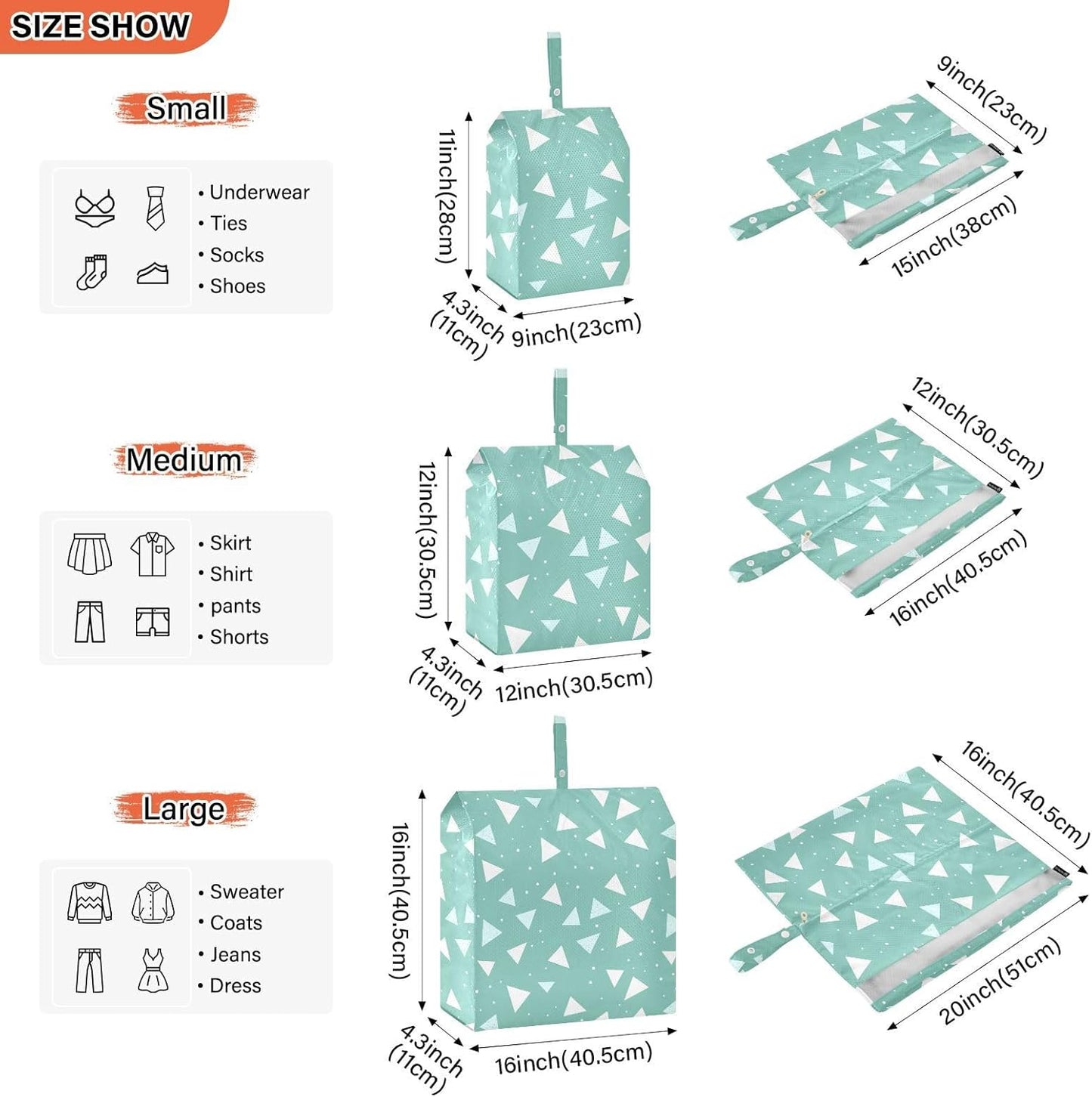 Green Cute Triangle 3 Set Packing Travel Bags Waterproof Compression Bags For Travel Clothing Storage Bag Bedroom Storage And Organization