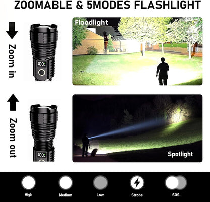 Flashlight rechargeable, 990000 High Lumens LED Flash Light, Super Bright Zoomable Lampe with LCD Digital Display, 5Modes Brightest Flashlights, Powerful Tactical Flashlight for Emergency Camping Gift