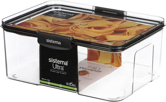 Sistema Ultra 2.63L Rectangle Food Storage Container | Stackable | Airtight Pantry Storage Container with Locking Clips | BPA & Phalate Free | Clear with Black Accents