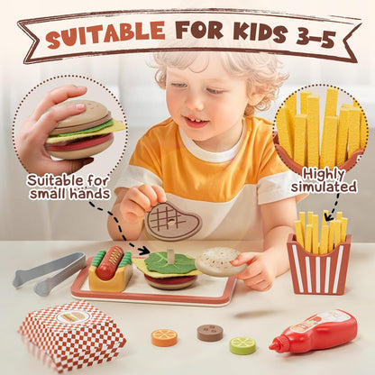 Lehoo Castle Play Food, Pretend Play Toys, 3 Year Old Girl Gifts, Wooden Play Kitchen for Kids Includes Hamburger Shop, Sandwiches, Hot Dogs, Menu Role Play Toys