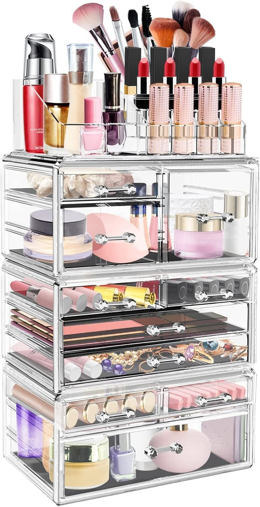 DILIBRA Acrylic Makeup Organizer, Stackable Clear Cosmetic Display Case with 10 Drawers, Large Skin Care Storage Organizer Display Box for Jewelry Hair Accessories Vanity Bathroom Counter Dresser