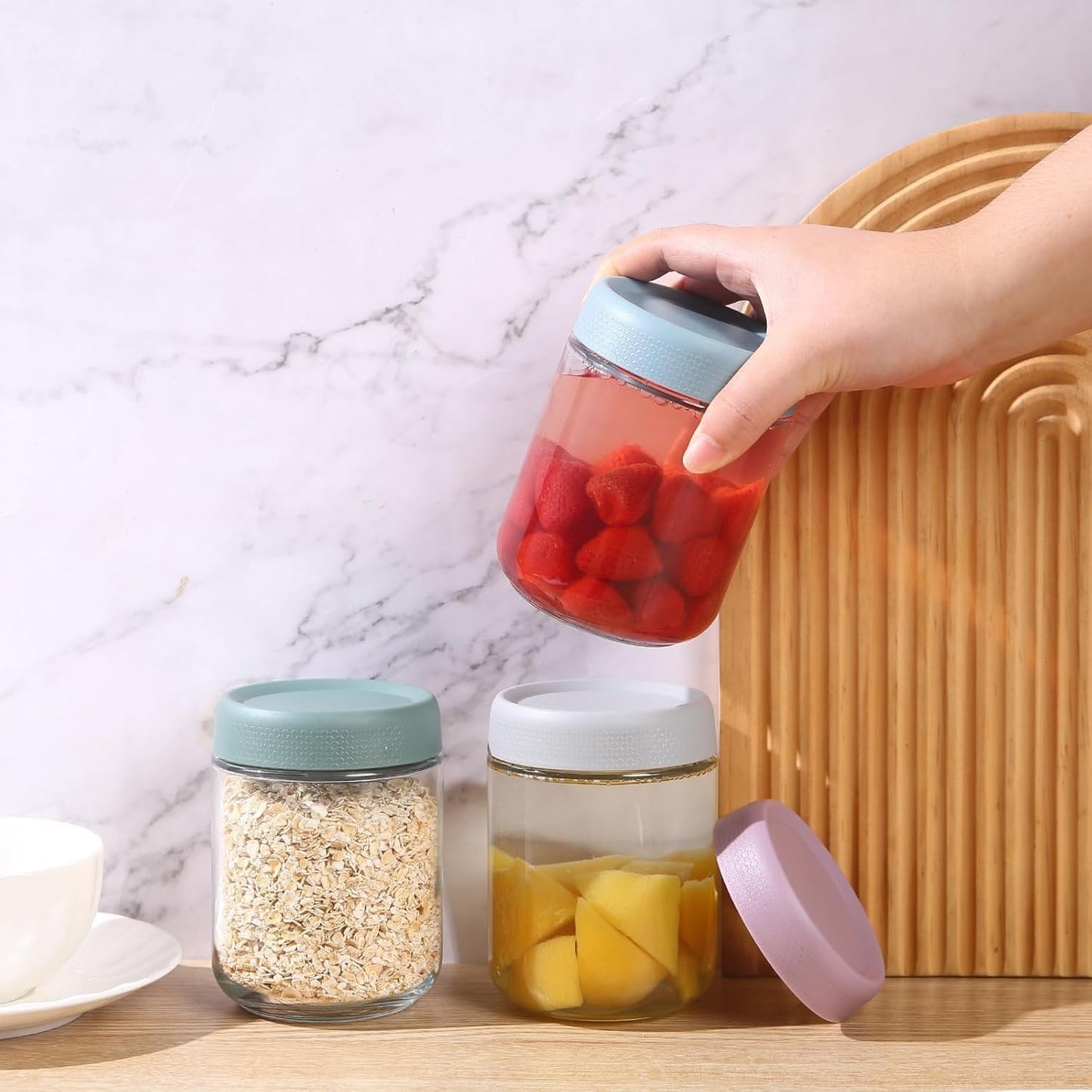 Overnight Oats Containers with Lids, Glass Jars with Airtight Lids, Wide Mouth Mason Jars, Food Storage Containers, Set of 6 (350ml)
