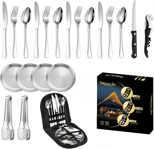 Ssumght 20 Pcs Camping Silverware Set for 4, Mess Kit With Case, Picnic Set With Stainless Steel Plates, Travel Utensils for Eating, Portable Cutlery Set
