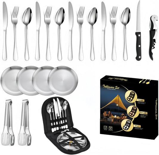 Ssumght 20 Pcs Camping Silverware Set for 4, Mess Kit With Case, Picnic Set With Stainless Steel Plates, Travel Utensils for Eating, Portable Cutlery Set