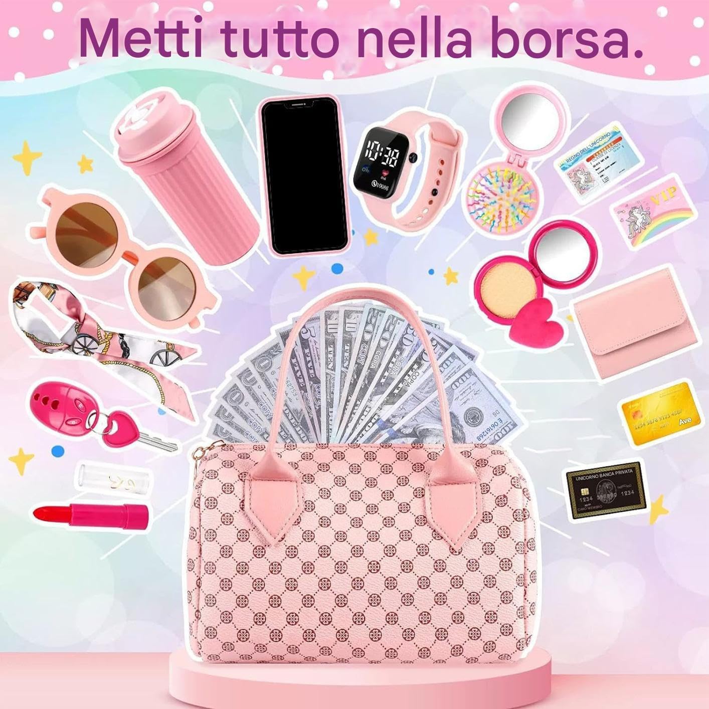 Play Purse, Toy Purse, 7.87x4.33x5.12 inches Princess Pretend Accessories, Interactive Role Play Clutch Set, Dress-Up Games for Kids Children Ages 3 6 Years Old, Little Girls