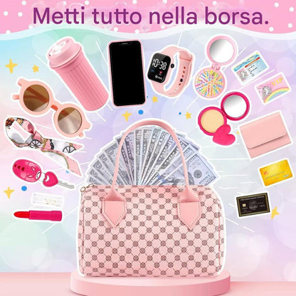 Play Purse, Toy Purse, 7.87x4.33x5.12 inches Princess Pretend Accessories, Interactive Role Play Clutch Set, Dress-Up Games for Kids Children Ages 3 6 Years Old, Little Girls