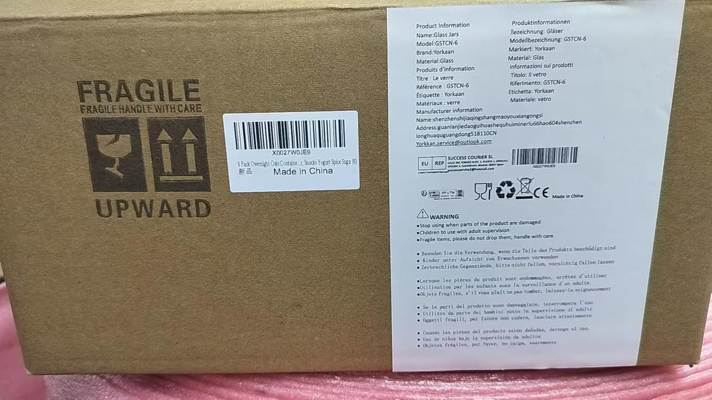 6 Pack Overnight Oats Containers with Lids, Glass Jars with Airtight Lids,Wide Mouth Mason Jars 500ml, Food Glass Storage Containers for Leftover, Snacks Yogurt Spice Suga (6)