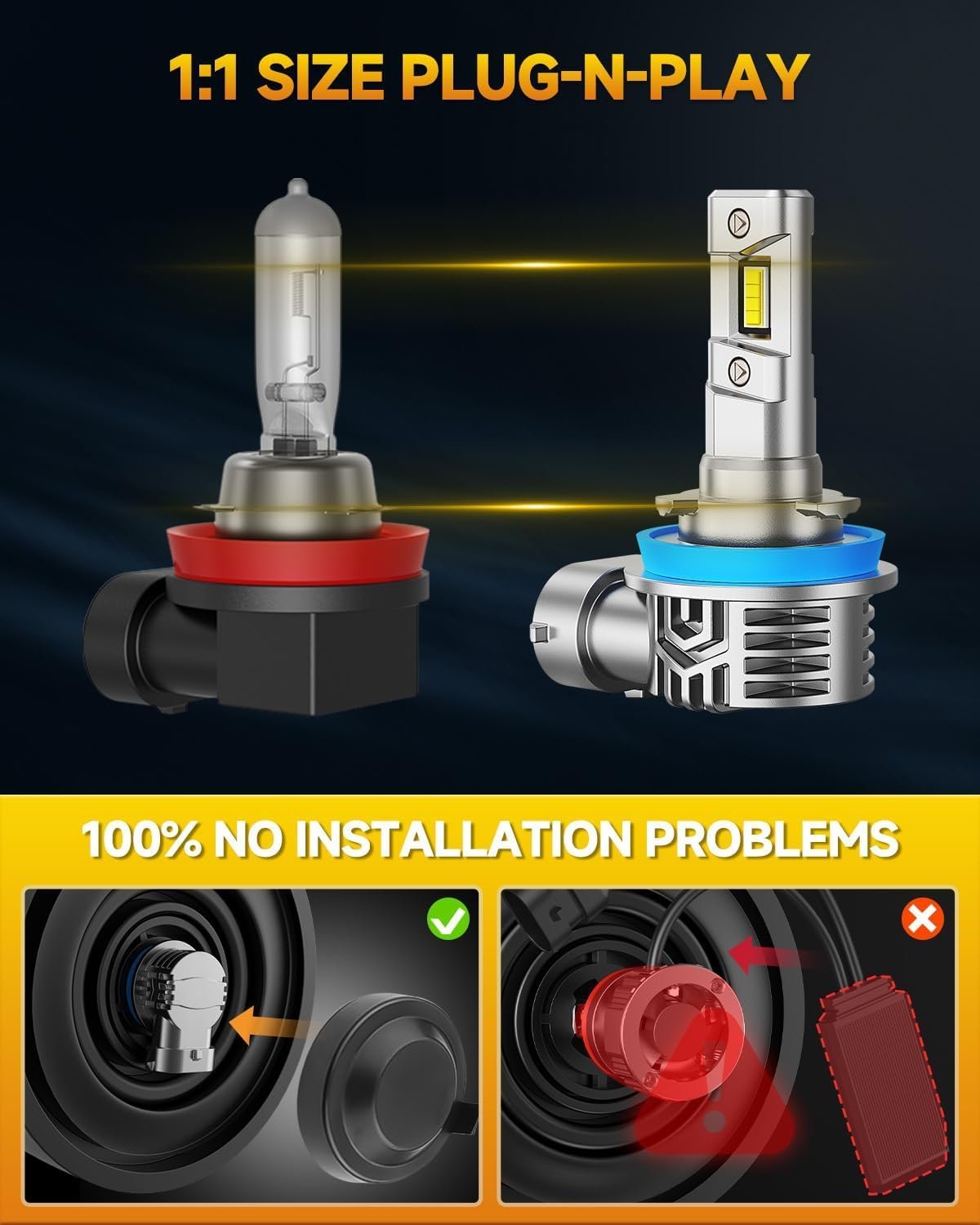 FAHREN 2025 H11 H9 H8 LED Headlight Bulbs, 800% Super Brightness H11 LED Bulbs, 1:1 Mini Size Plug and Play, 6500K Cool White Halogen Replacement, Pack of 2
