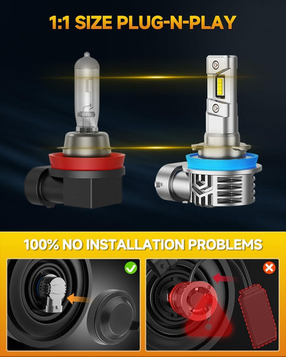 FAHREN 2025 H11 H9 H8 LED Headlight Bulbs, 800% Super Brightness H11 LED Bulbs, 1:1 Mini Size Plug and Play, 6500K Cool White Halogen Replacement, Pack of 2