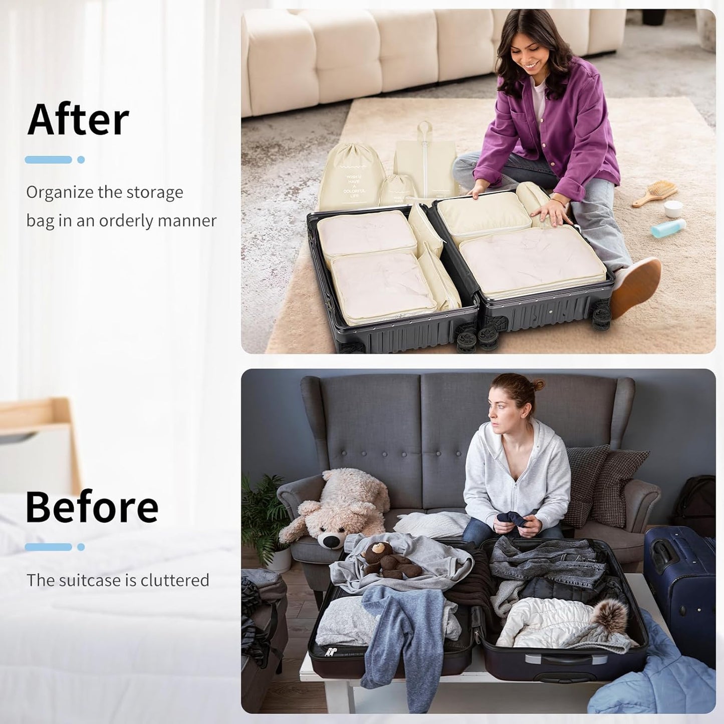 Coolzon Packing Cubes Travel Suitcase Organizer Set of 11, Compression Luggage Organizer Space-Saving for Clothes, Ultralight, Shoes, Underwear, Black, beige