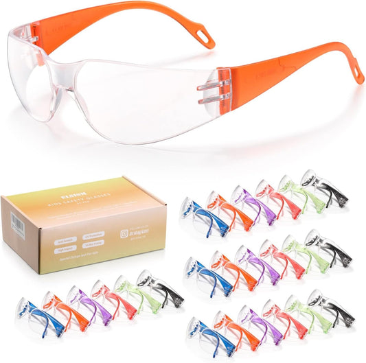 ELSISM 24 Pack Kids Safety Glasses in 6 Colors, UV Protection Eyewear for Children, Impact & Ballistic Resistant Protective Goggles with ANSI Z87+ Standards, for Science/Nurf Party/School/Landscaping