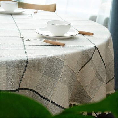 Fhberni Round Tassel Plaid Tablecloth, Heavy Weight Cotton Linen Fabric Table Cover for Kitchen Dining Tabletop Decoration, Off White & Grey, 60" Round