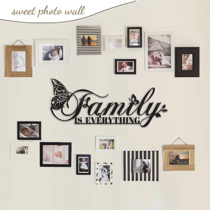 Family Signs Metal Wall Decor, Family Is Everything Word Sign with Butterfly for Home Decor Wall, Black Iron Wall Art Plaque Decorations for Living Room, Dining Room, Bedroom, Housewarming, 17”x6.3” (Family)