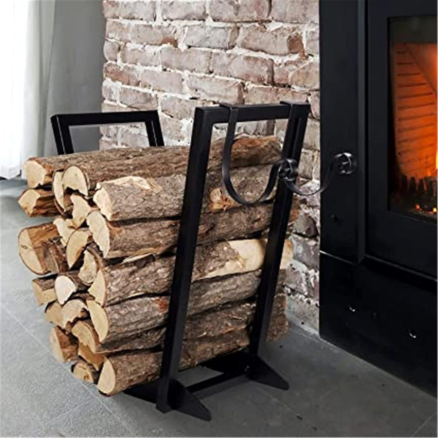 Firewood Stand Log Rack Firewood Holder with Hooks - Indoor/Outdoor Metal Fireplace Wood Storage Stand with Holders for Fireside Tools and Accessories Strong and Sturdy (Black 46x28x56cm)