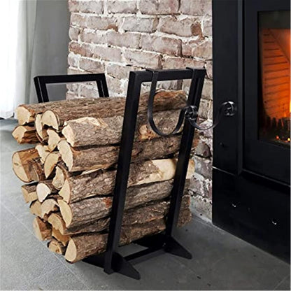 Firewood Stand Log Rack Firewood Holder with Hooks - Indoor/Outdoor Metal Fireplace Wood Storage Stand with Holders for Fireside Tools and Accessories Strong and Sturdy (Black 46x28x56cm)