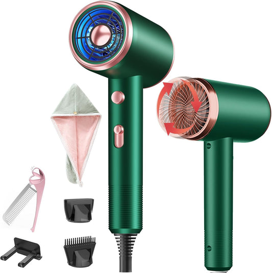 Ionic Hair Dryer, Hair Towel, Folding Comb, Folding Brush, Hair Towels, Hair Dryer with Hot/Cold Button, 3 Temperatures, 3 Speed, Shower Caps (Green)