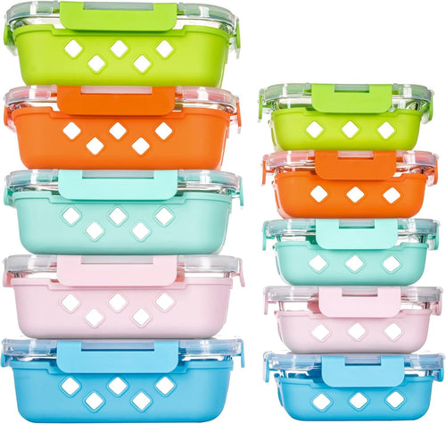 YARYOUNG 10 Pack Glass Meal Prep Containers with Removable Silicone Sleeves,Food Storage Container Set with Airtight Lids (34oz+12oz)
