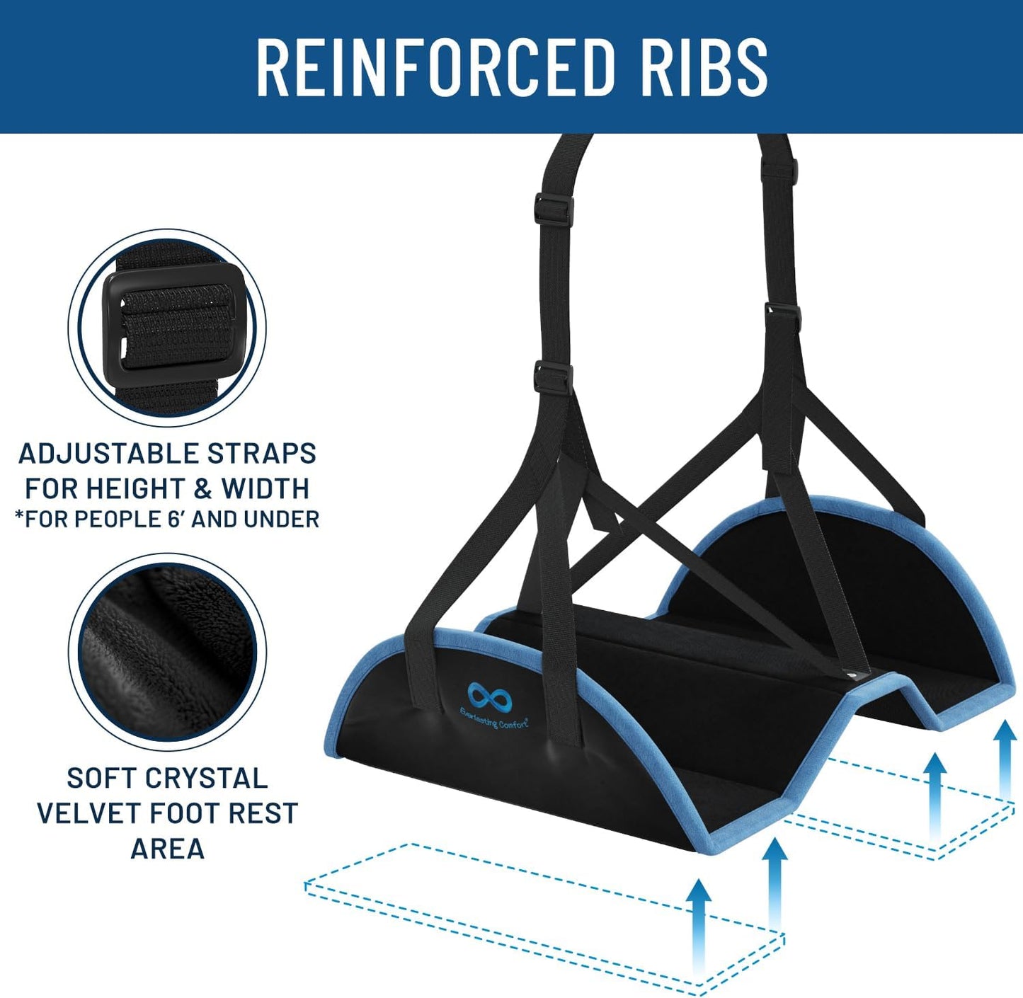 Everlasting Comfort Airplane Footrest - Ergonomic Adjustable Foot and Heel Hammock - Memory Foam Portable Air Plane Flying Travel Foot Rest - Long Airplane Flight Accessories for Feet (Black)