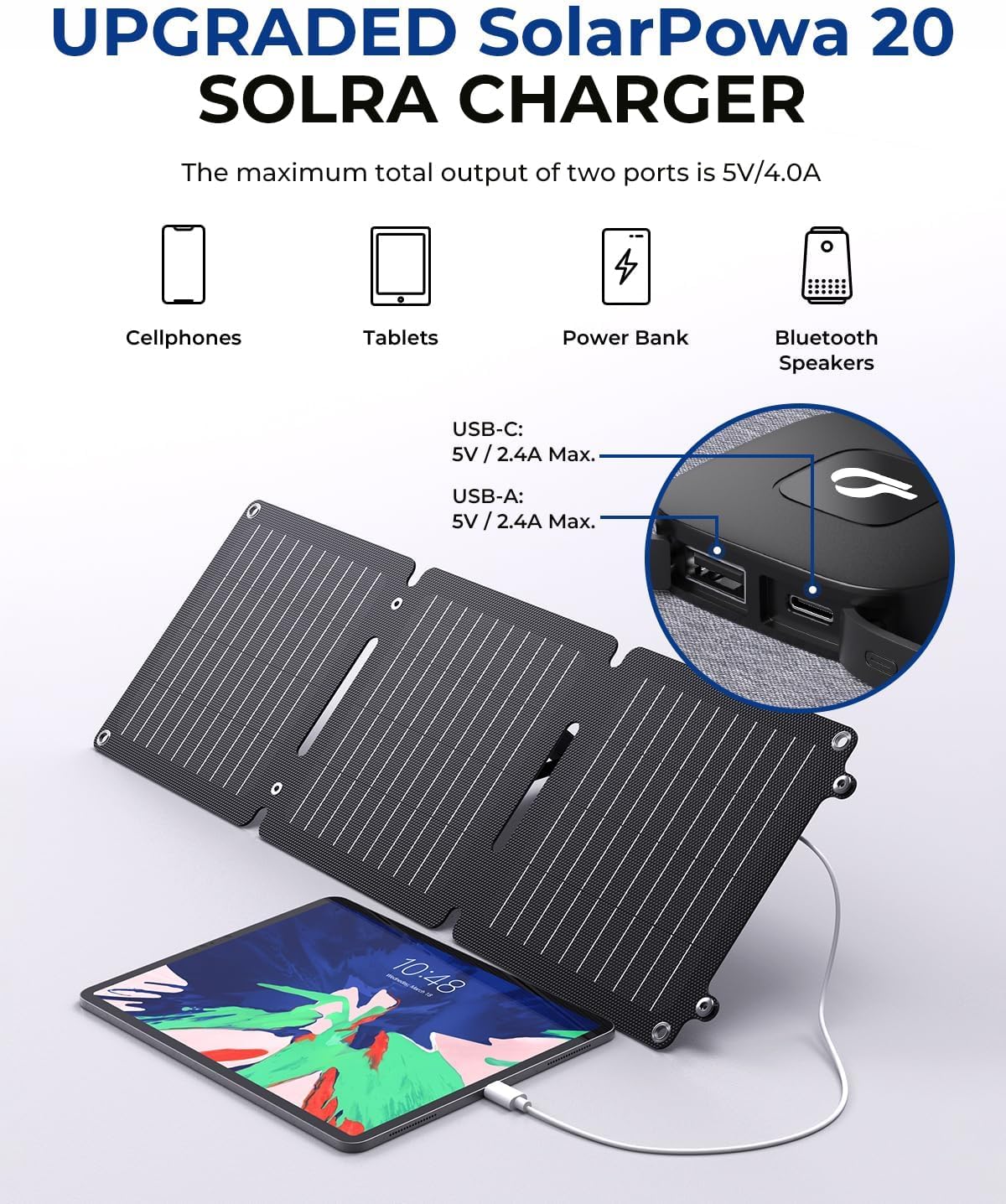 [New Version]BigBlue 20W Solar Panel Charger with Kickstand, SolarPowa20 Portable Solar Camping Charger with USB-A and USB-C, IP65 Waterproof, Compatible with iPhone, iPad, Samsung, LG Cellphones etc