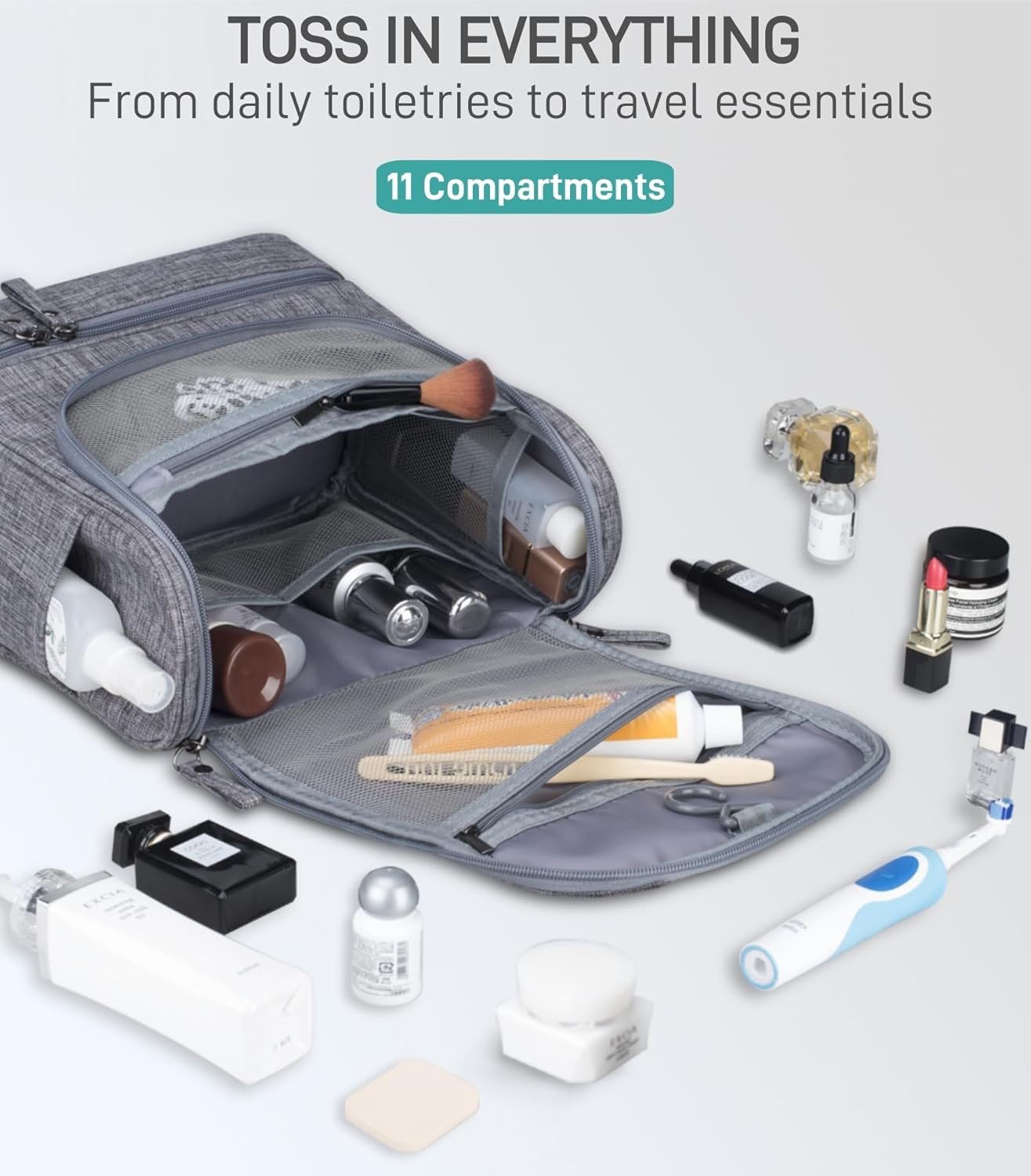 Hanging Toiletry Bag for Women, Large Travel Make up Bag with Metal Hook & Dry/Wet Separation, Waterproof Cosmetic Organizer for Travel Accessories, Cruise Essentials, Gym, Camping (Grey)