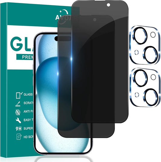 AVOAR [2+2 Pack Privacy Screen Protector for iPhone 15 with Camera Lens Protector, 6.1 Inch Tempered Full Screen Glass Accessories, Anti-Spy, Bubble Free, Case Friendly