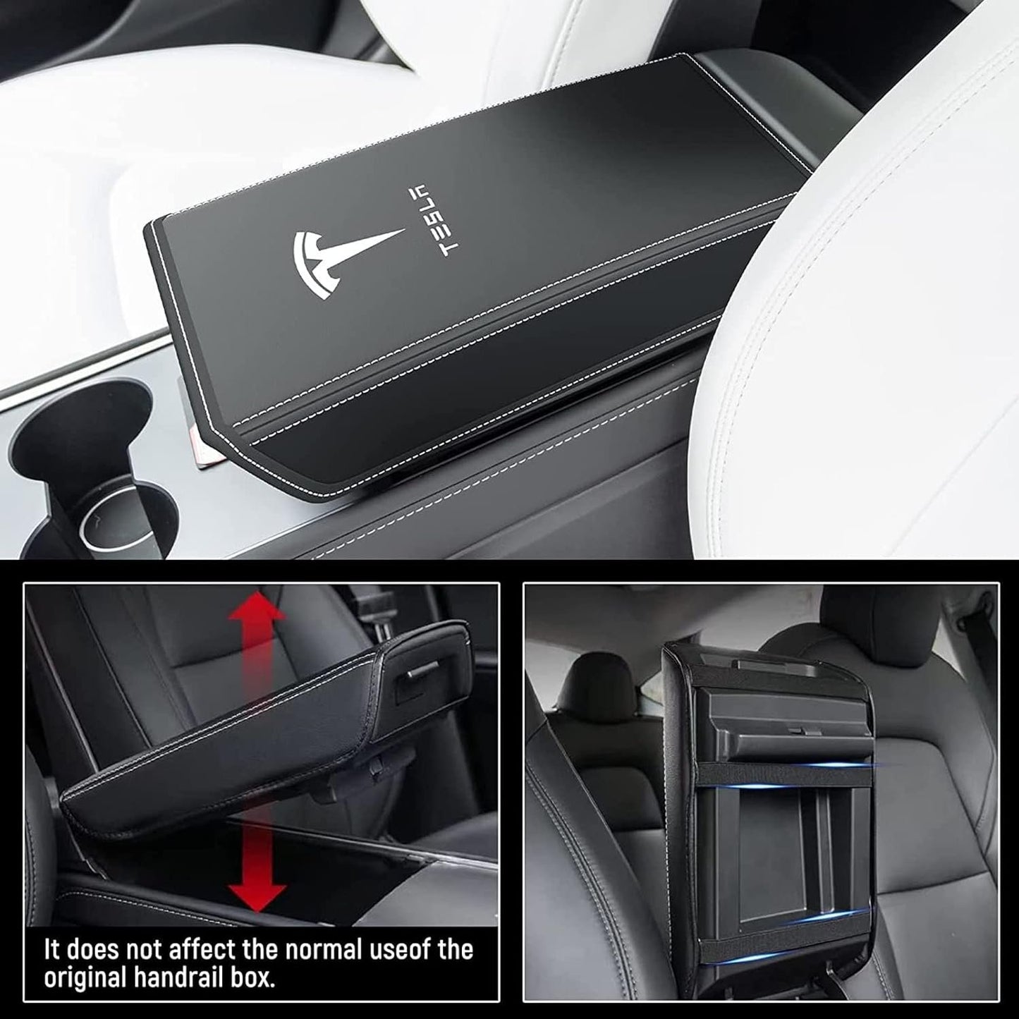 Car Armrest Cover for Tesla Model 3 Y Leather Center Console Armrest Box Cover Anti-Scratch Protector Pad Interior Accessories for Tesla Model 3 Model Y 2017-2026 (Black)