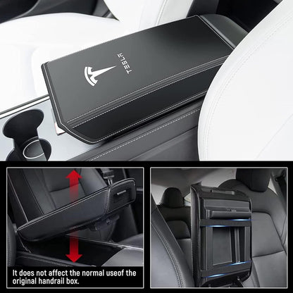 Car Armrest Cover for Tesla Model 3 Y Leather Center Console Armrest Box Cover Anti-Scratch Protector Pad Interior Accessories for Tesla Model 3 Model Y 2017-2026 (Black)