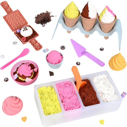 Ice Cream Toys Play Sand for Kids - Sensory Bin, 34pcs Ice Cream Shop Playset Sand Box 2LBS Moon Sand,Fine Motor Skills Activities Kids Sensory Toys for Girls 3 4 5 6 7 8 Year and Up