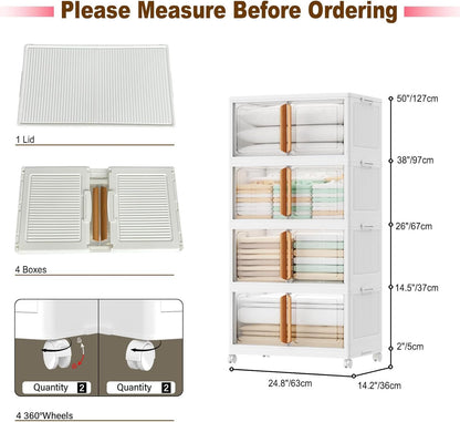 Storage Bins with Lids - 4-Tier Closet Organizer Stackable Bathroom & Bedroom Boxes, Space-Saving Water-Resistant Storage Box with Handles & Wheels for Toilet, Dorm, Home Organization