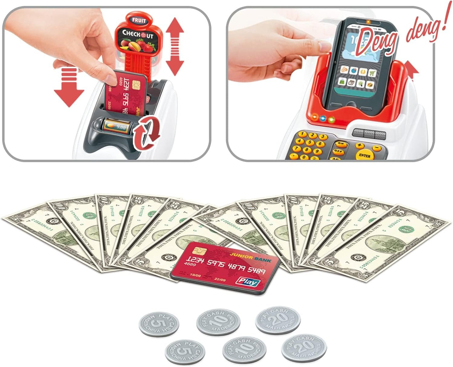 Pretend Play Cash Register Toy Role Play Shopping Cashier Playset with Scanner Card Machine Toy Foods Fruits 33pcs Set Funtional Checkout Game Educational Toy for Kids Birthday