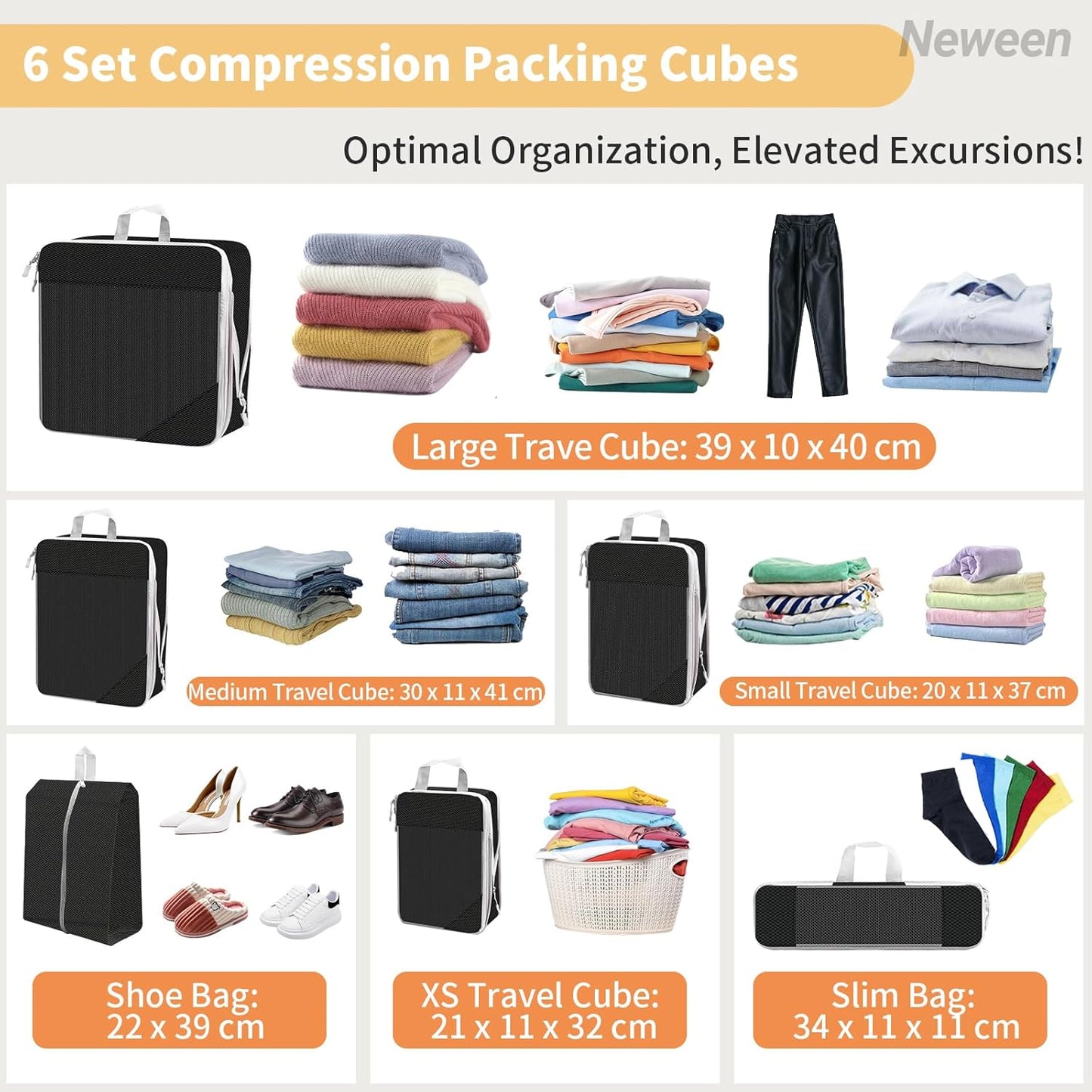 Neween Compression Packing Cubes for Carry On Suitcases, 6 Set Extensible Compression Packing Cubes for Travel Compression Bags for Packing Organisers Expandable Travel Suitcase Accessories (Black)