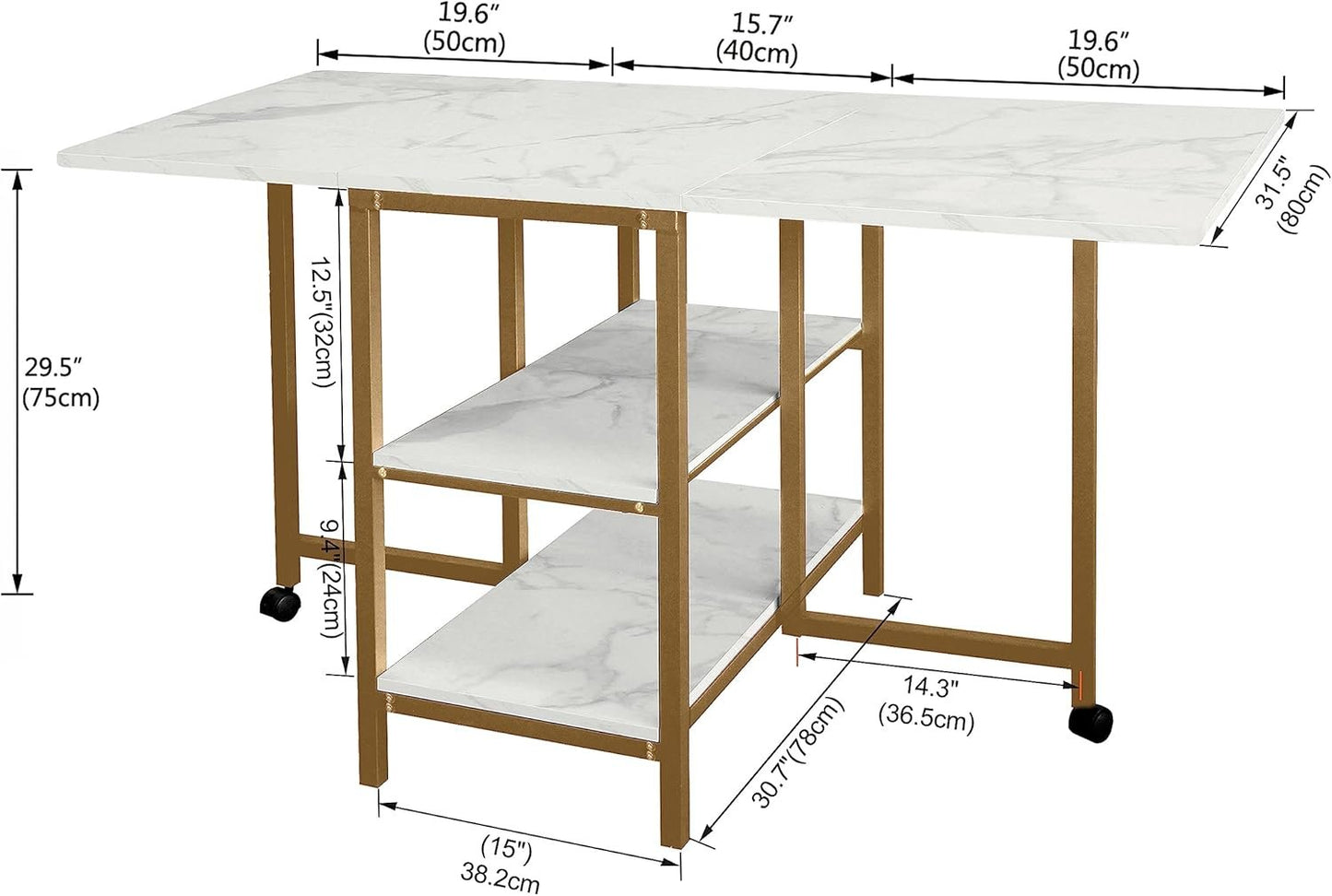AT-VALY Folding Dining Table with 2 Storage Open Shelf Drop Leaf Extension Dining Table Top Folding 15.7" to 55.1" Kitchen Table (Gold)