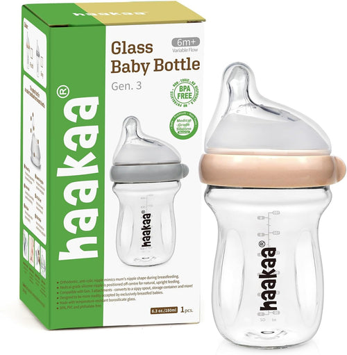 haakaa Gen.3 Natural Glass Baby Bottle -Wide Neck Anti-Colic Variable Flow Nipple - 6M+ Breastfed Babies Newborn Registry Essentials,BPA-Free, 6 oz/180 ml, Peach