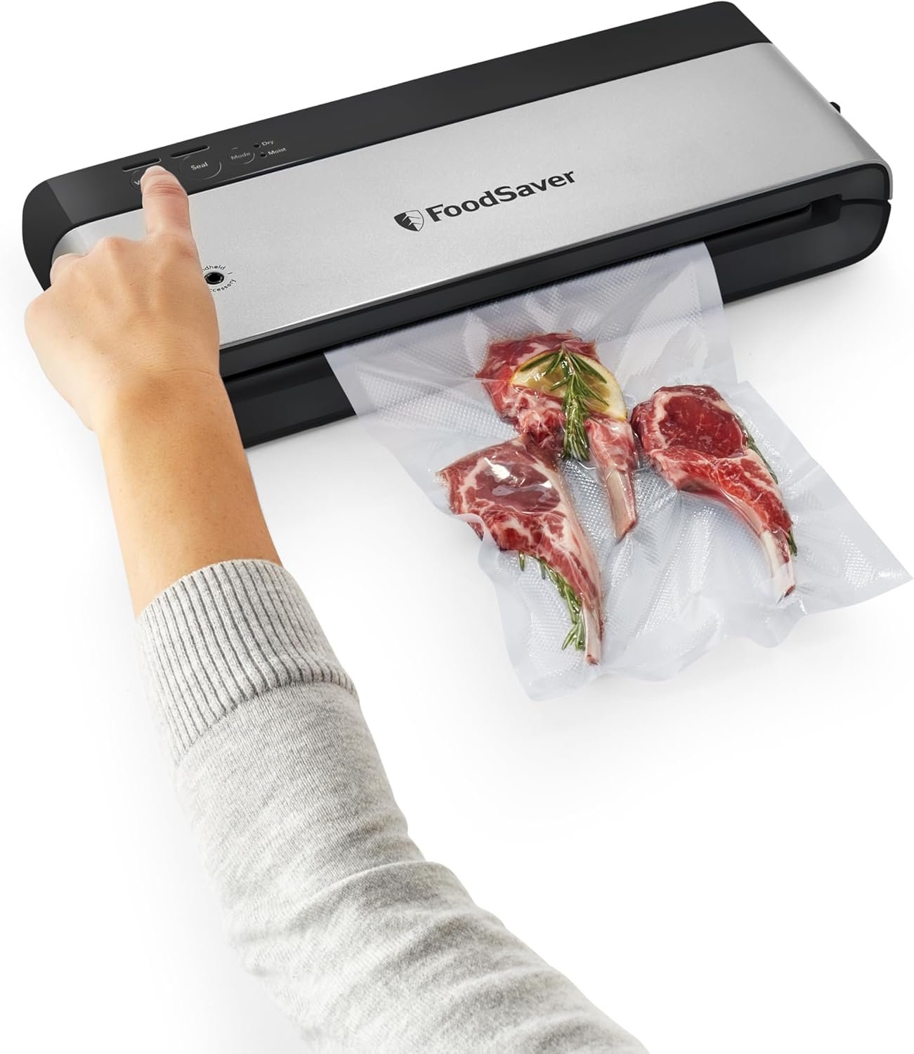 FoodSaver PowerVac Compact Vacuum Sealer Machine with Vertical Storage, 5 Vacuum Seal Bags & 1 Roll, Stainless Steel - VS0150