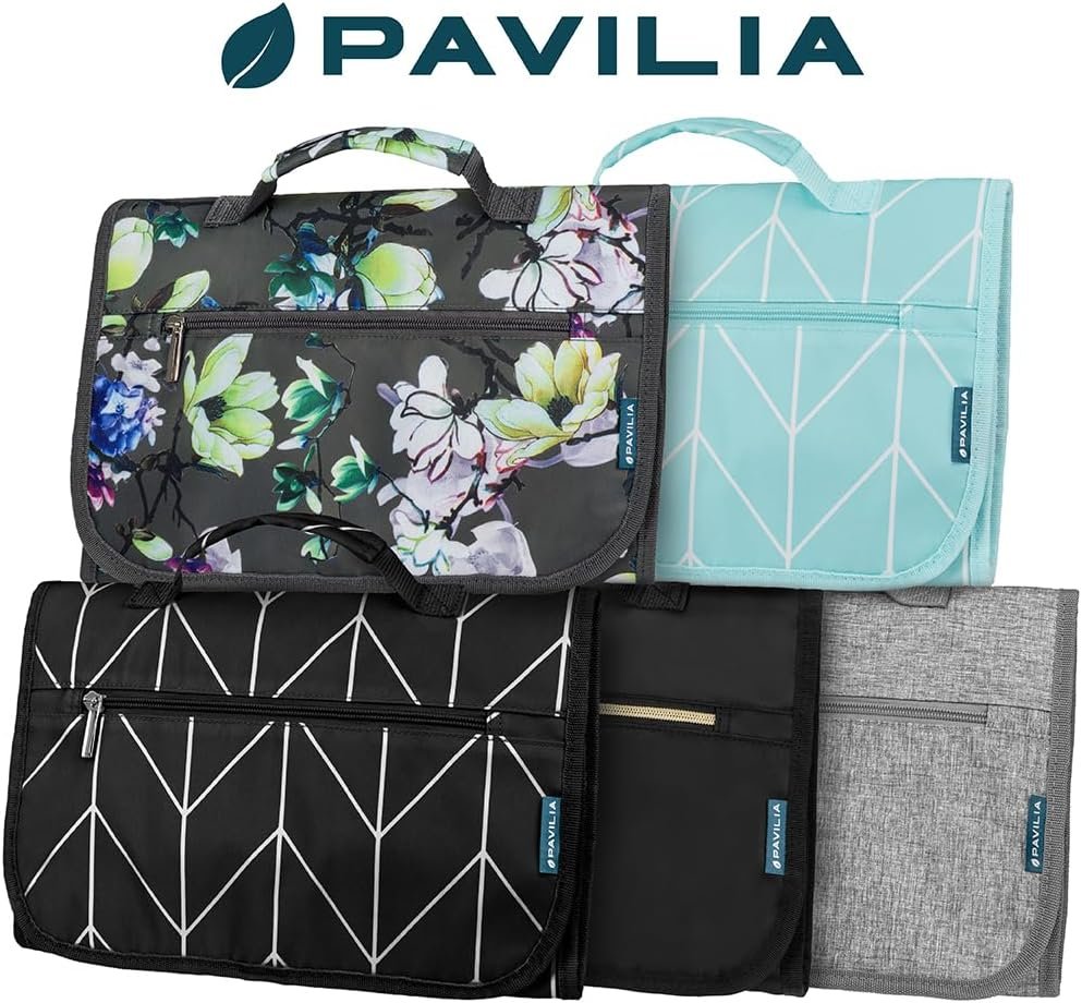 PAVILIA Hanging Toiletry Bag Women Men, Travel Kit Foldable Large Toiletries Organizer, Roll up Cosmetics Makeup Bag Accessories, Waterproof Essentials Jewelry Case (Floral Grey)