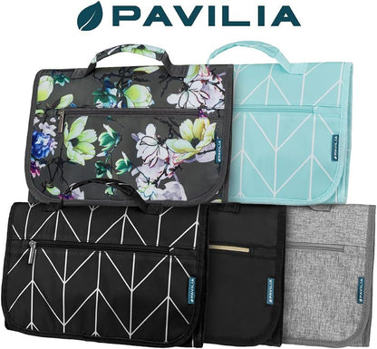 PAVILIA Hanging Toiletry Bag Women Men, Travel Kit Foldable Large Toiletries Organizer, Roll up Cosmetics Makeup Bag Accessories, Waterproof Essentials Jewelry Case (Floral Grey)