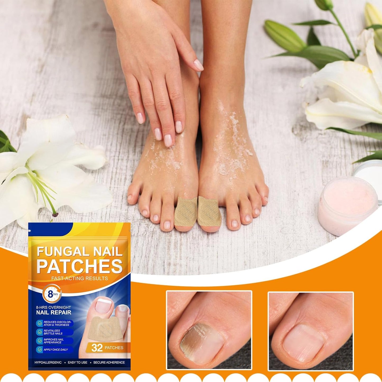 Toenail Repair Patches, 32 Pieces Breathable Nighttime Nail Stickers, Crack and Discoloration Foot Care Pedicure Solution, Ideal for Men, Women, Athletes, Home Use 2.16 Inch
