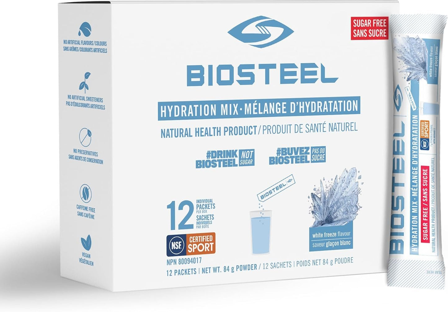 BioSteel Hydration Mix, Proudly Canadian - Great Tasting Hydration with Zero Sugar, and No Artificial Flavours or Preservatives, White Freeze Flavour, 12 Single Serving Packets