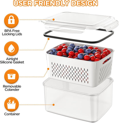 5-Pack Fruit Storage Containers for Fridge with Removable Colanders, 4 in 1 Produce Storage Containers with Lids, Leakproof Fridge Organizer Bins for Salad Berry Lettuce Vegetables Meat Keeper Fresh