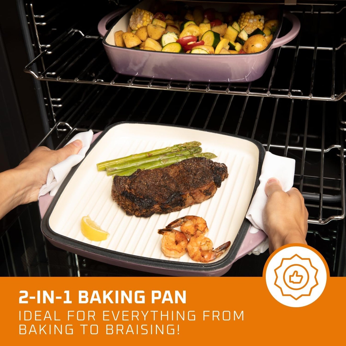 2 In 1 Enameled Square Cast Iron Baking Pan Cookware Dish With Grill Lid, 11-inch Multi Baker Casserole Dish, Lasagna Pan, Purple