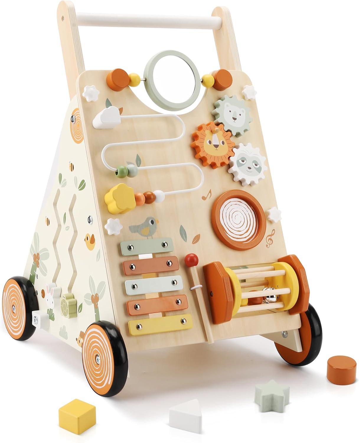Pithfor Wooden Baby Walker, Baby Push Walker with Activity Center for Girls Boys, Push Walker Toys for Babies Learning to Walk, Sit-to-Stand