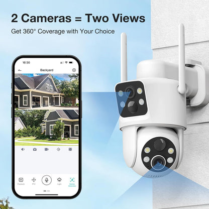 Dual Lens Solar Security Cameras Wireless Outdoor, 2K Full HD Video, 360° View Pan/Tilt Home Security Camera with Color Night Vision, Easy to Install, PIR Alarm, 2.4GHz WiFi