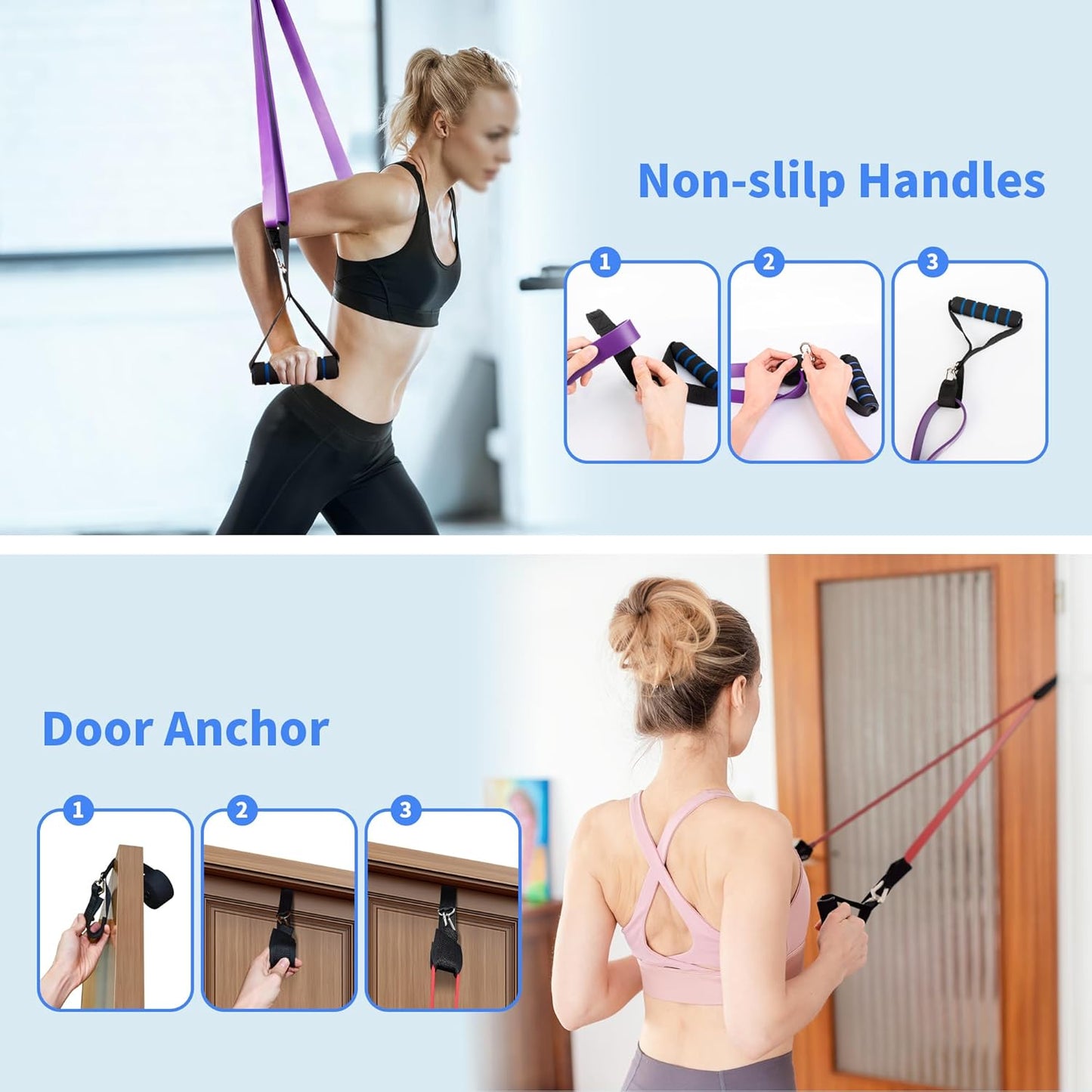5 Resistance Levels Fitness Bands with Door Anchor and Handles, Gym Bands for Workout Stretching Powerlifting, Elastic Resistance Band for Pull-Up