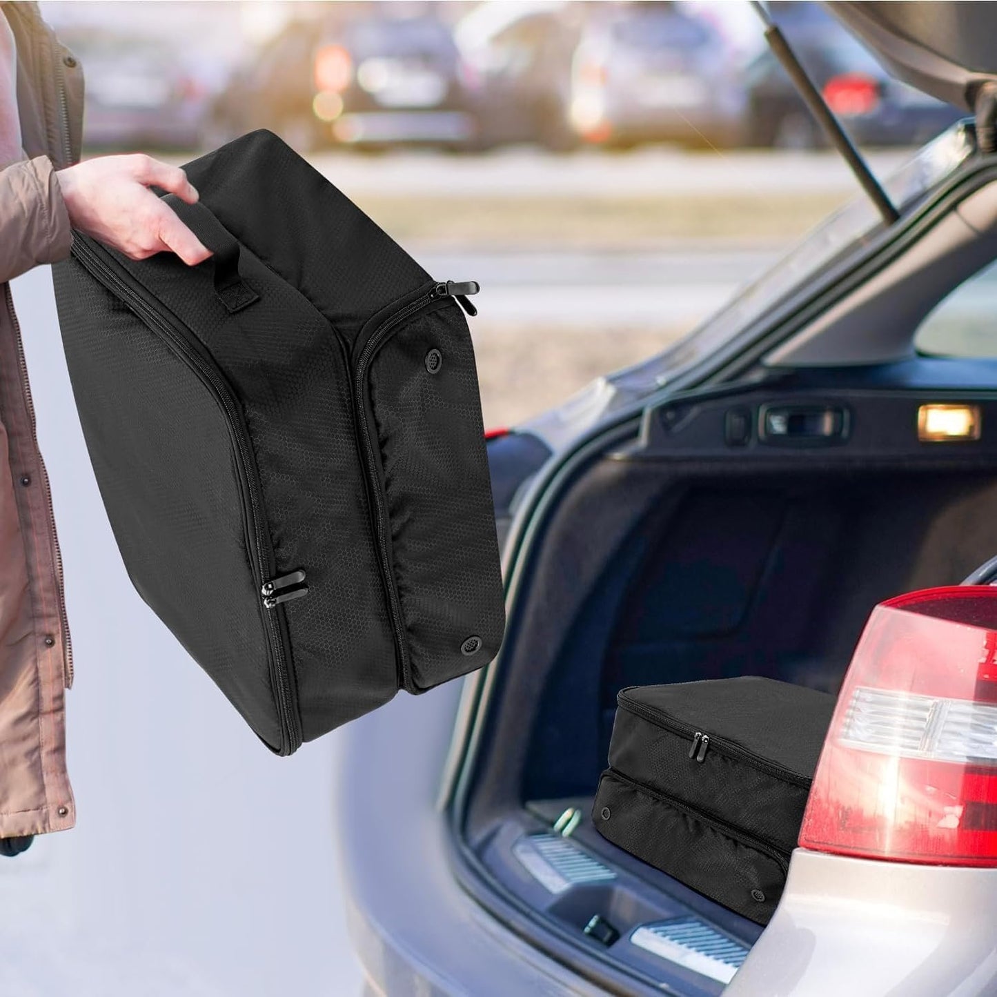 KAPEICamper 2 Layers Golf Trunk Organizerï¼ŒStorage Travel Trunk Accessory Organizer with Separate Compartment Car Trunk Lockerï¼ŒFoldable Golf Organizer for Car,Waterproof and Durable Golf Storage Bag